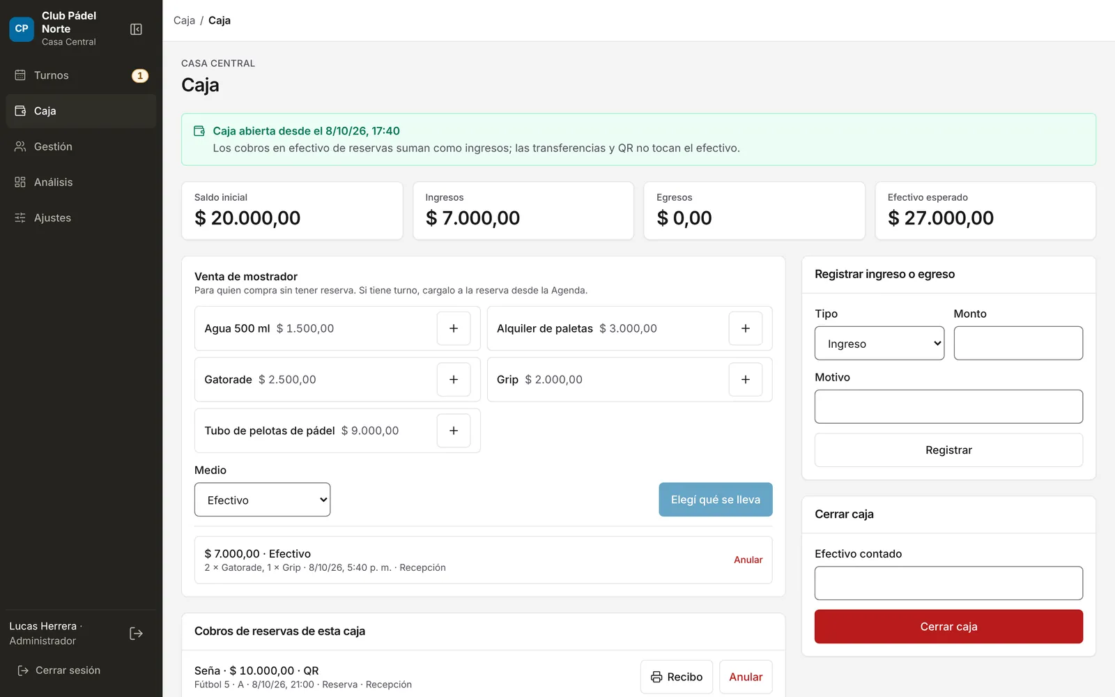 Caja de recepción: Saldo inicial, ingresos, egresos y el efectivo esperado, con la venta de mostrador al lado.