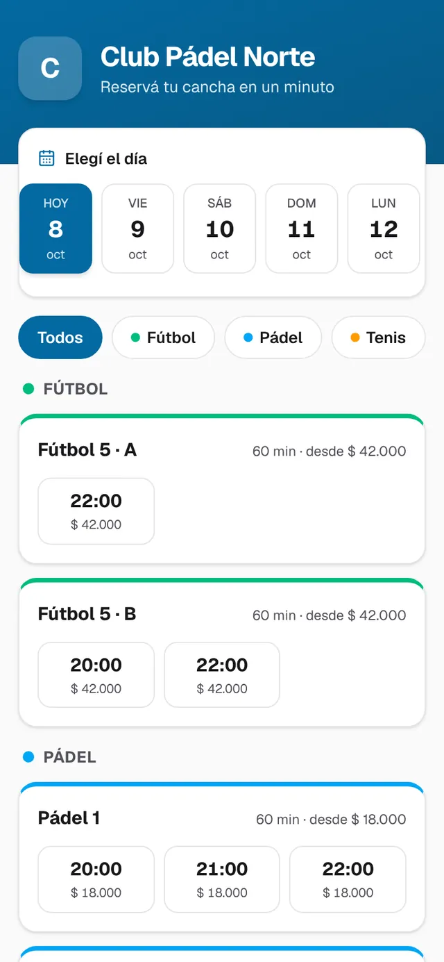 La reserva online del club en el celular de un socio, con los horarios libres de cada cancha