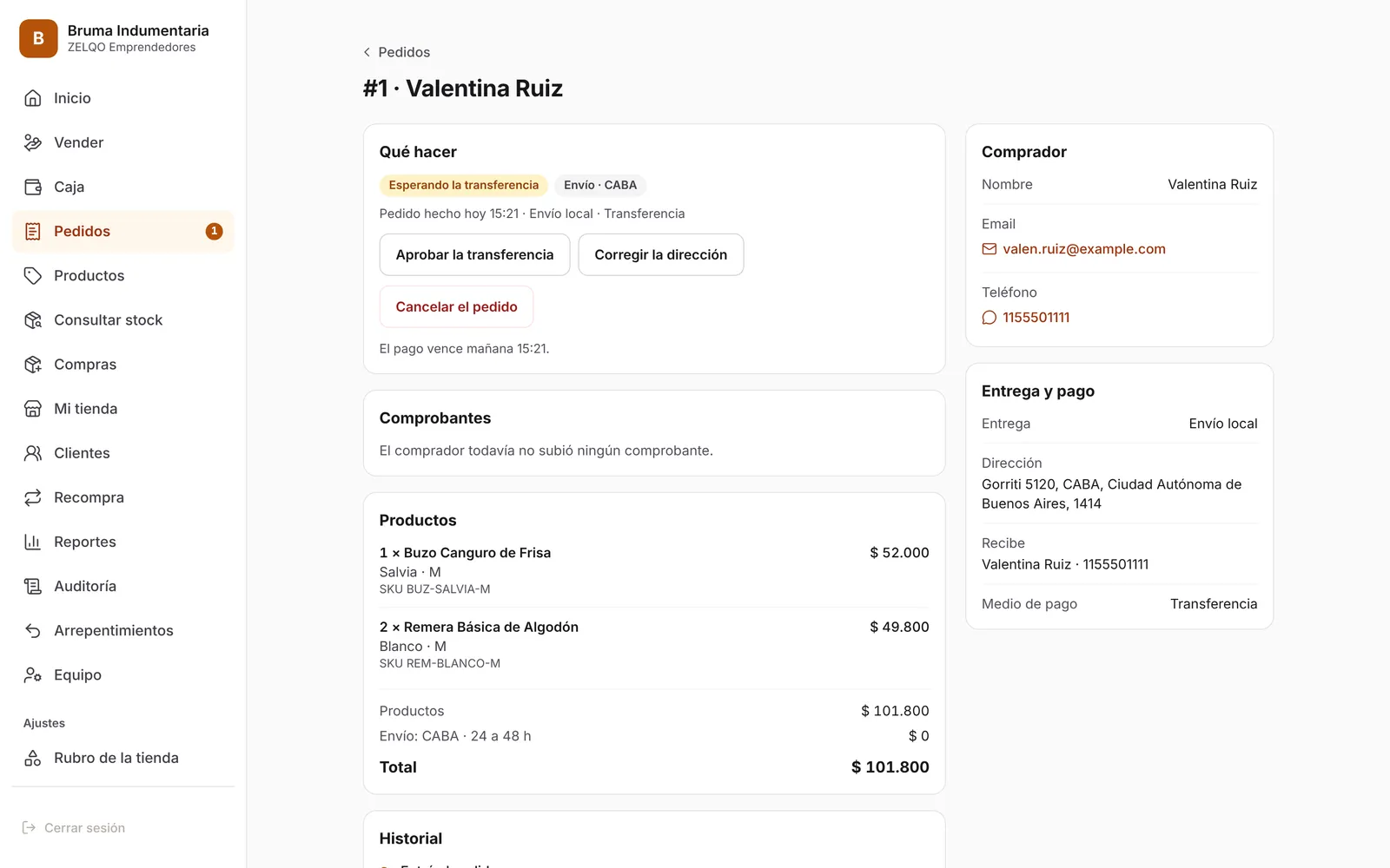 Un pedido: Qué hacer, quién compró, la entrega y el pago. Aprobás la transferencia o cobrás el efectivo cuando retira.
