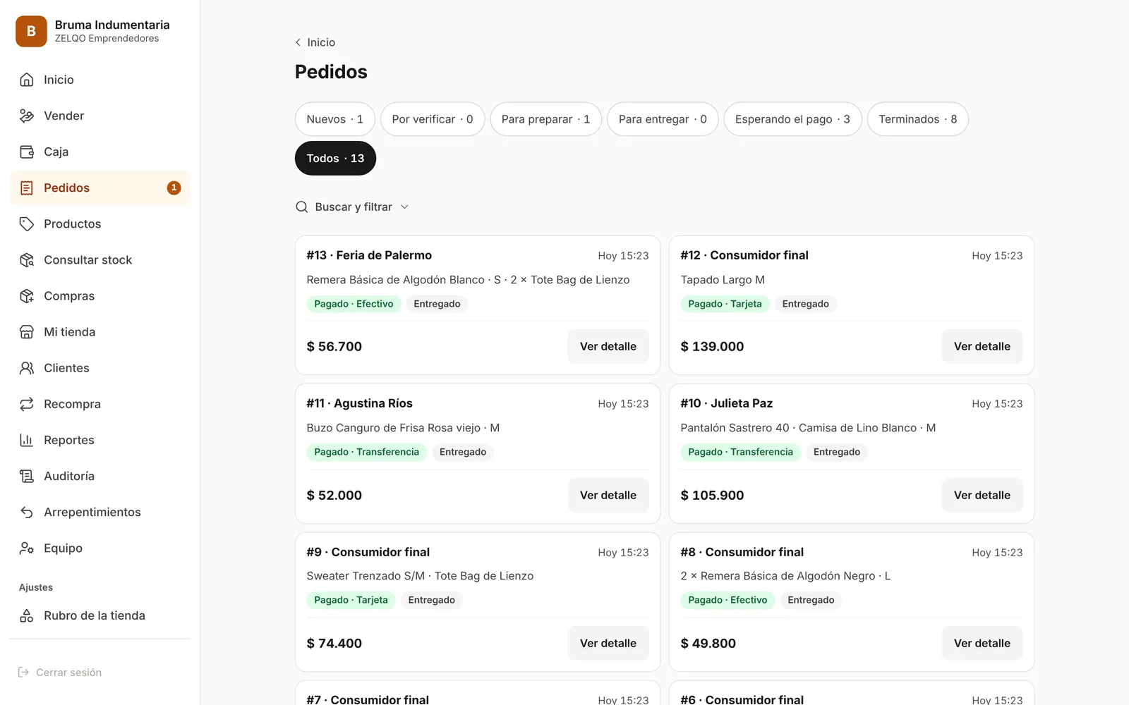 Pedidos: Los de la tienda y los que cargás vos, en una sola bandeja: los nuevos para aceptar, los que esperan el pago y los que hay que preparar.