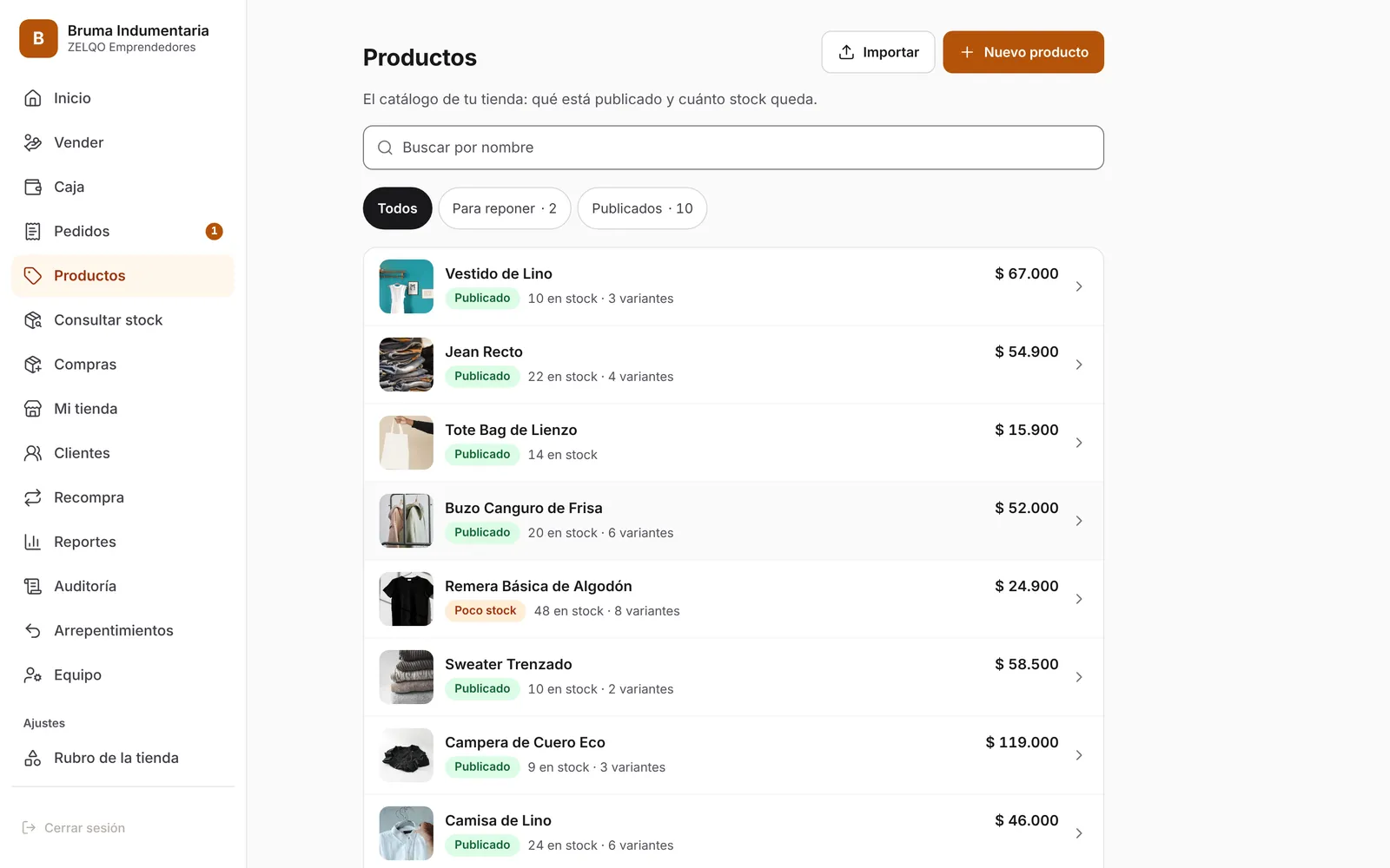 Catálogo: Cada producto con su foto, su stock y sus variantes. El que está por agotarse aparece marcado.
