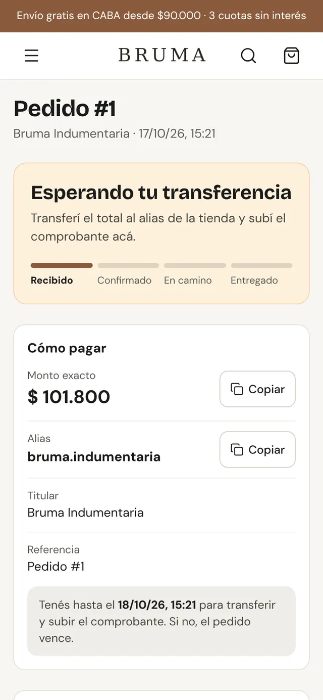El seguimiento del pedido: esperando la transferencia, el monto exacto y el alias para copiar