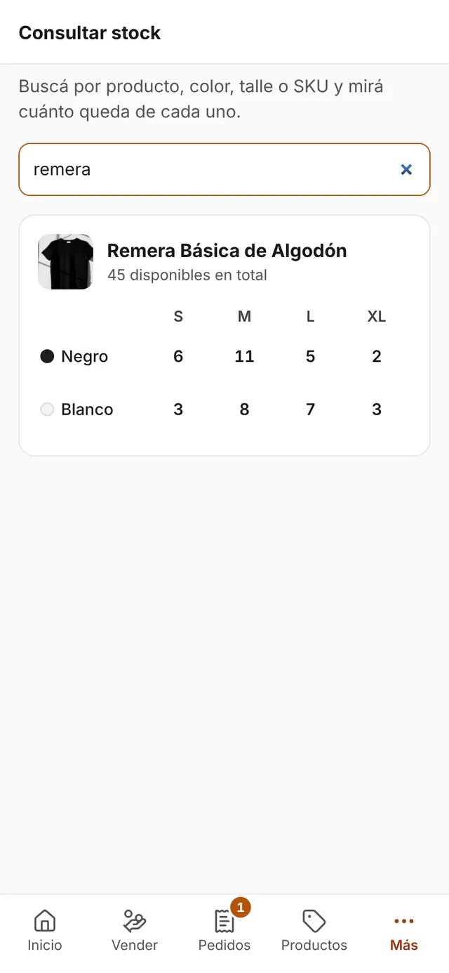 Consultar stock en el celular: la grilla de colores y talles de una remera