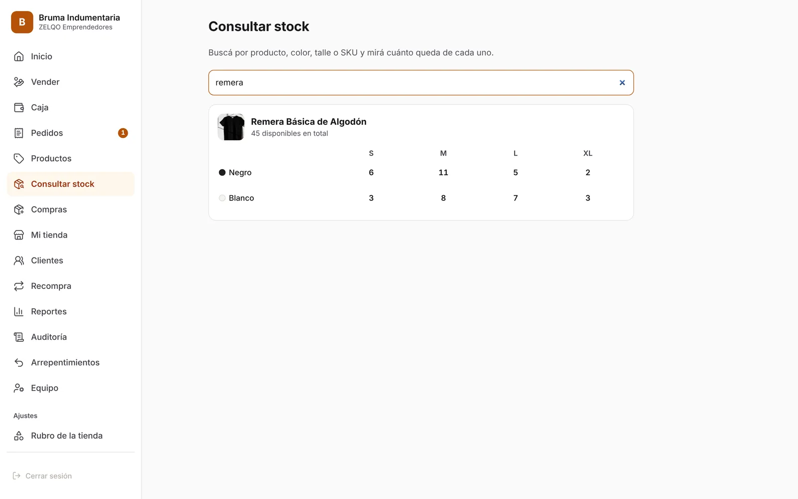 Consultar stock: Escribís “remera” y ves cuánto queda de cada color y talle. Tocás un número y lo vendés.