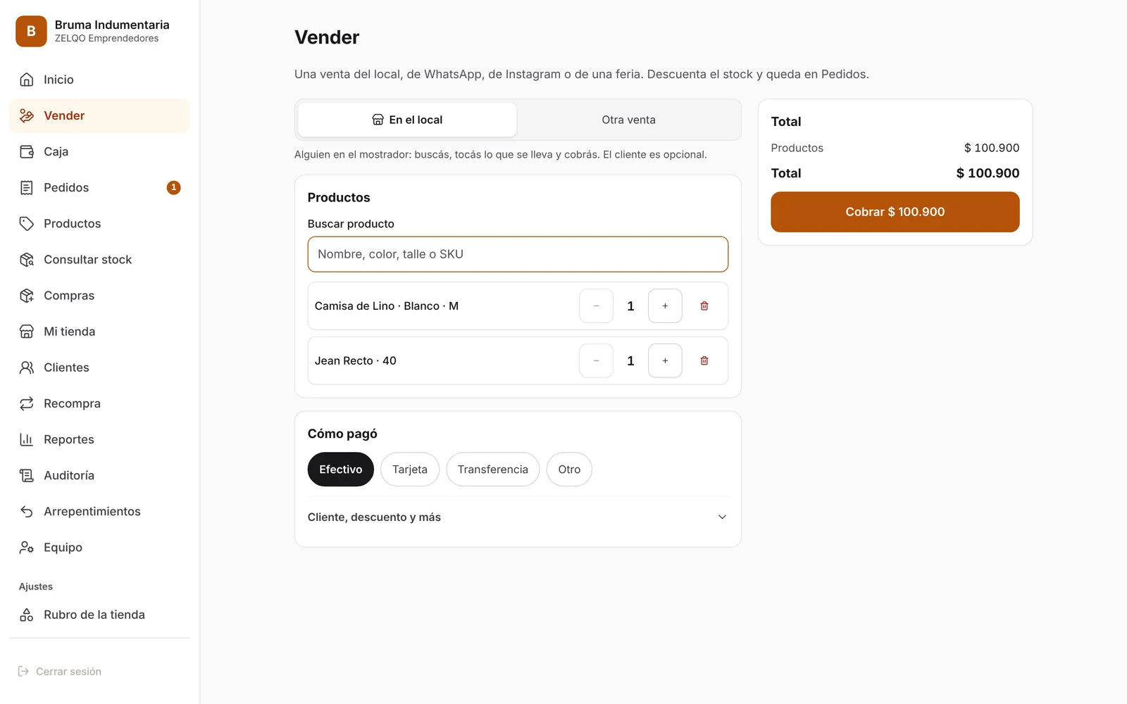 Venta en el local: Buscás, tocás y cobrás en efectivo, tarjeta o transferencia. El stock se descuenta en el momento.